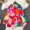 Womens Chiffon Long Sleeve Button-Up Top High-Waist Wide Leg Pants Set Tie-Dye Print Sweet Casual Outfit