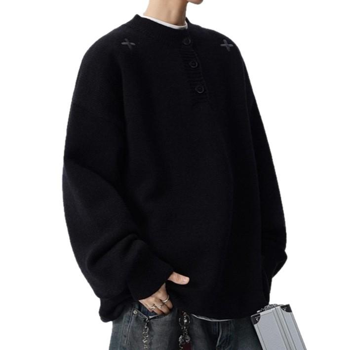 Unisex Autumn & Winter Henley Collar Embroidered Sweater - Trendy Solid Color Knitwear