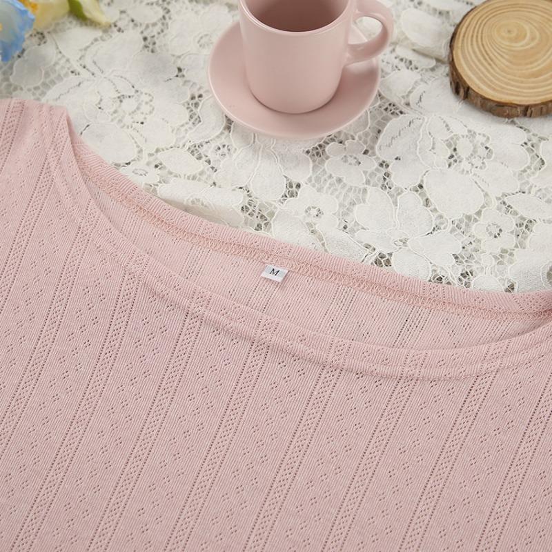Women Comfortable Breathable Knitted Cropped Long Sleeve Long Pants Two Piece Sleepwear Loungewear