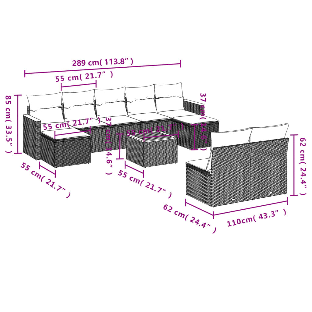 Vidaxl 10-Cz. Set da Giardino, Cuscini Rattan Nero Pe