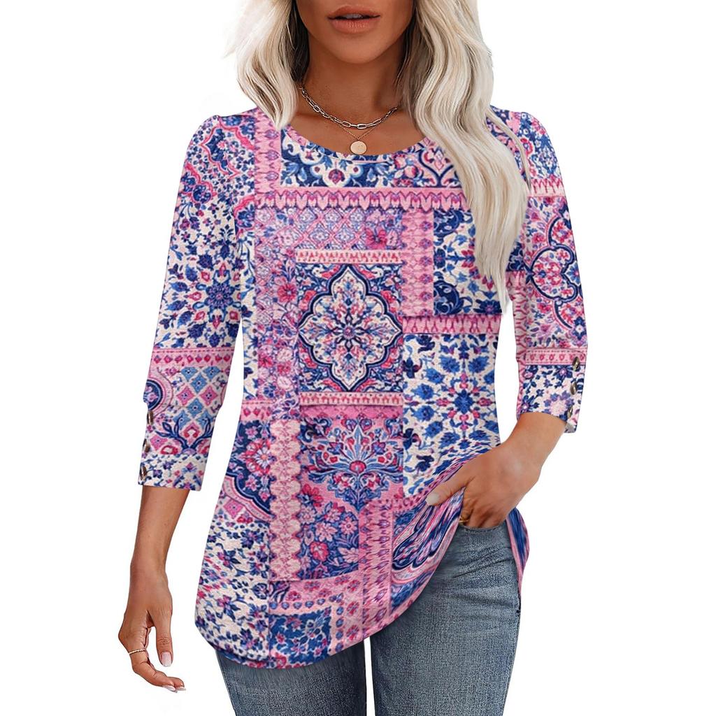 Women's Casual Round Neck Loose Three-Quarter Sleeve Top Blouse