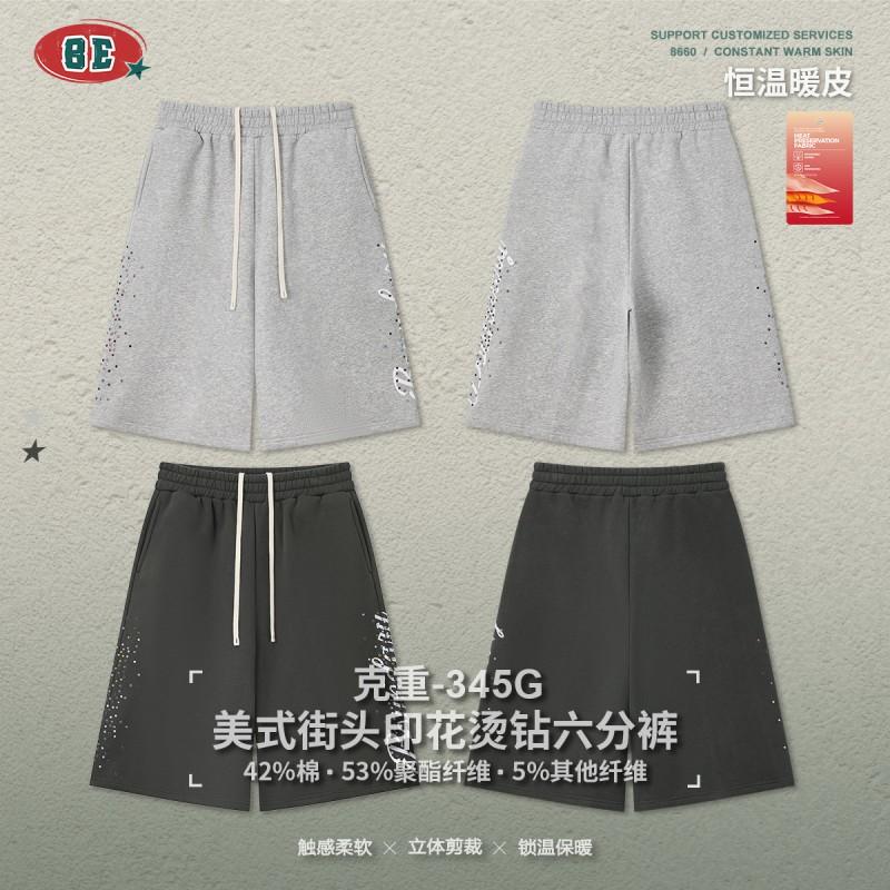 BE Mens Retro Streetwear Heavyweight Baggy 6-Point Shorts With Rhinestone Side Print