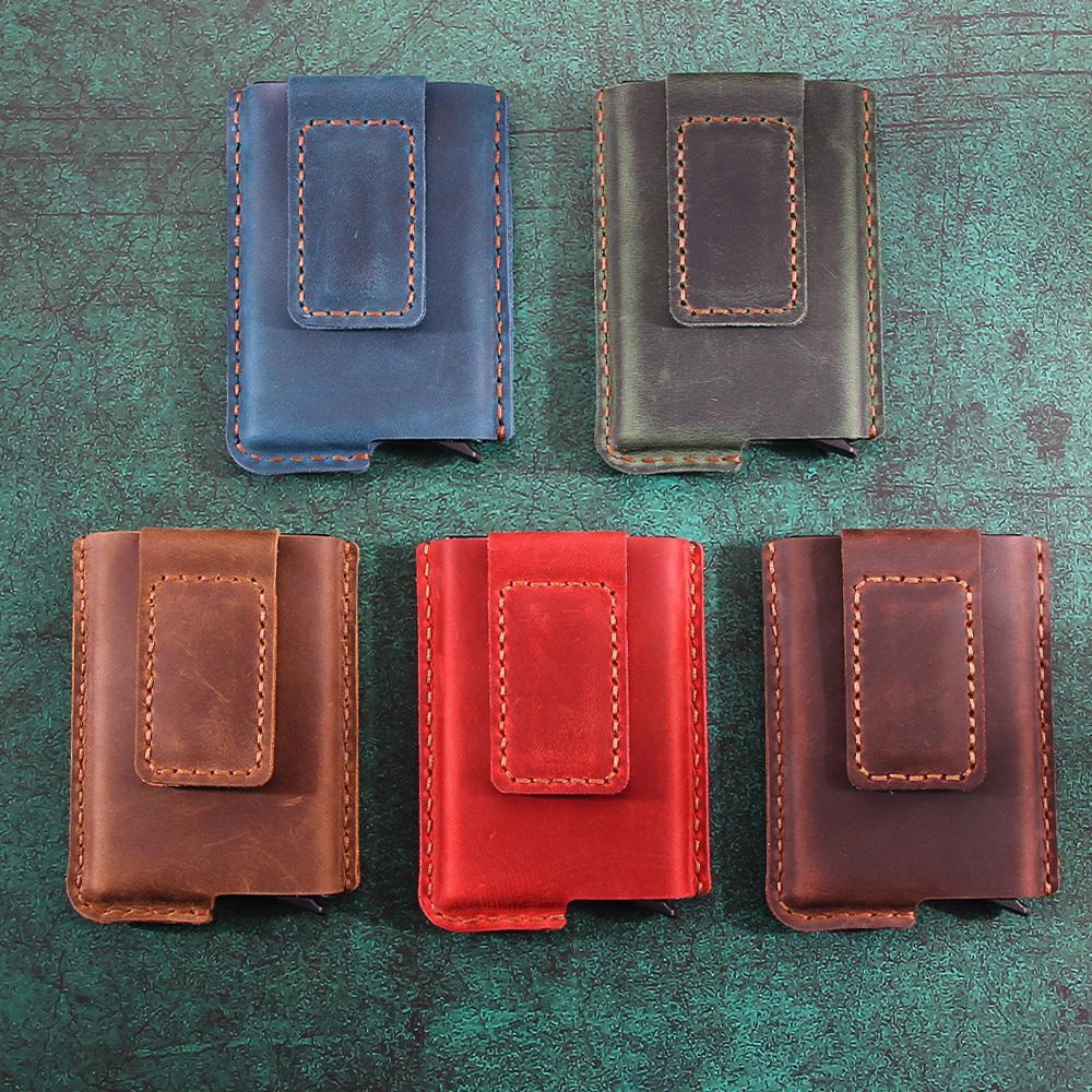 Handmade PoP Up Card Holder Genuine Leather Credit Card and Money Clips Case RFID Blocking Minimalist Wallet with Compartment for Notes