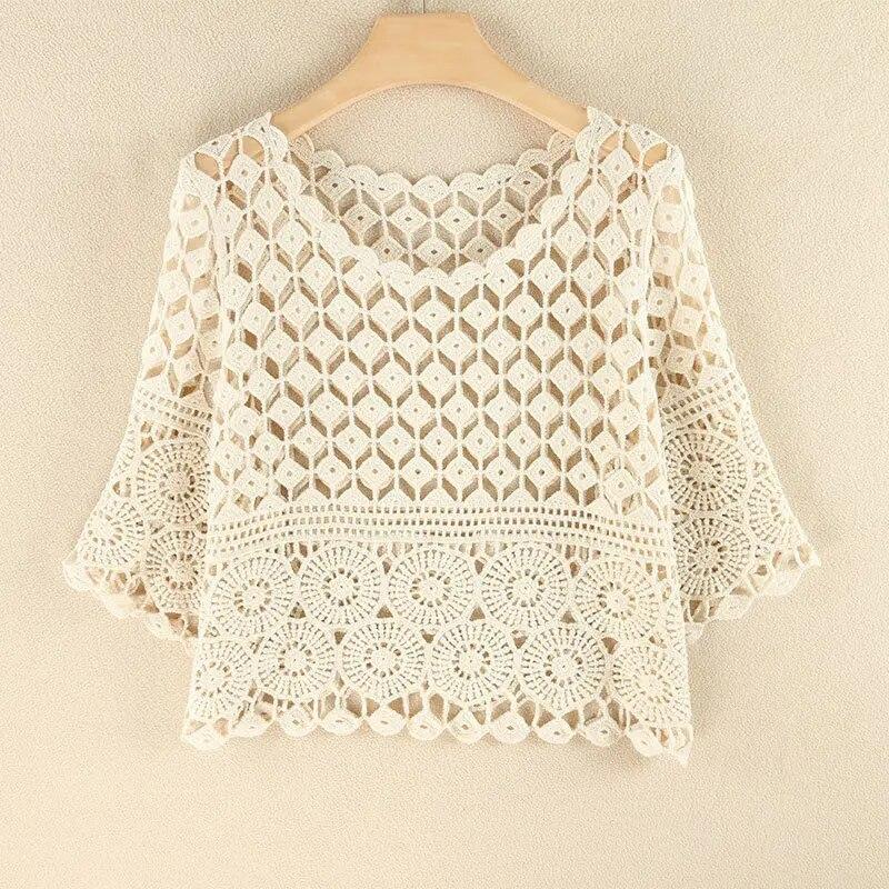 Short Hollow Sexy Round Neck Knitted Cover Up Shirt for Women, Versatile and Loose Fitting, Slimming , Stylish, Clothing