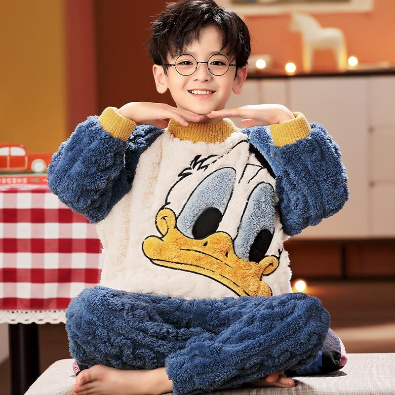 Kids Flannel Pajamas Set Boys Girls Warm Long Sleeve Top And Pants Sleepwear Winter Home Nightwear