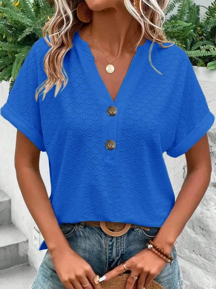 2025 Spring/Summer New Women's Fashion Casual Solid Button V-neck T-shirt for Women