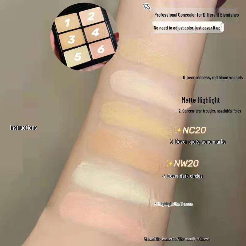 

Шестицветная палетка консилеров: Легкое покрытие для маскировки несовершенств, шрамов от акне и темных кругов под глазами; обеспечивает естественное покрытие и хайлайтинг без скатывания.
