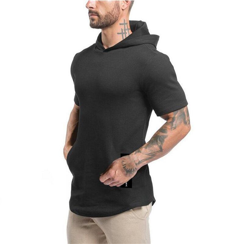 Muscleguys Brand Men Clothes Design Short Sleeve Slim Fit T Shirt Men Cotton T-Shirt with Hoodies Fitness Gyms Hooded T-Shirt Male