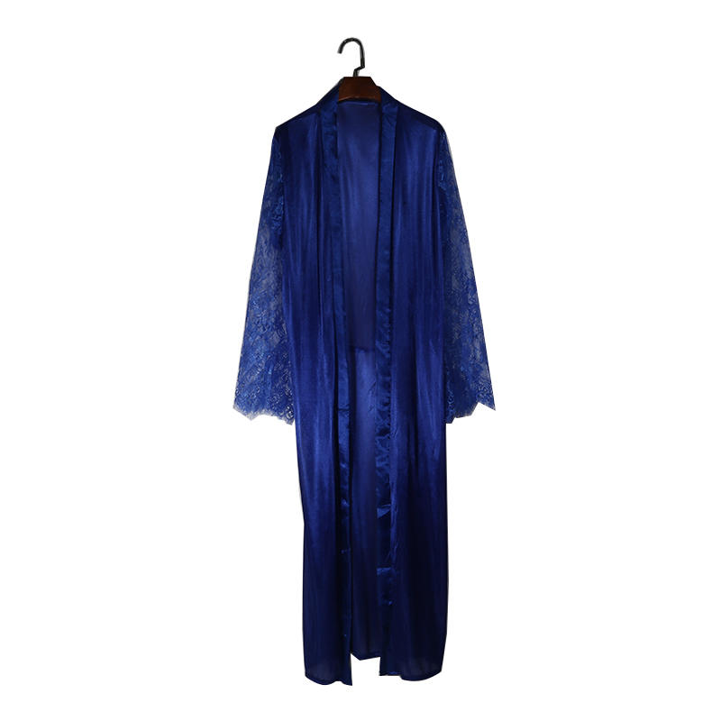 Women Lace Stitching Long Bathrobes Nightgown Soft Silk Dressing Gown Bath Robe Large Size Sexy Pajamas