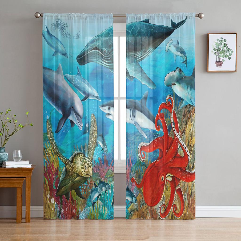 Sea Shark Tulle Curtains for Living Room Printed Sheer Voile Curtain for Bedroom Window Screening Drapes Blinds Home Decor
