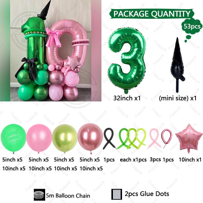 

53pcs Wicked Themd Birthday Party Decoration Magic Witch Balloon 32inch Pink Green Number Balloon Boy Girl Birthday Baby Shower As The Picture