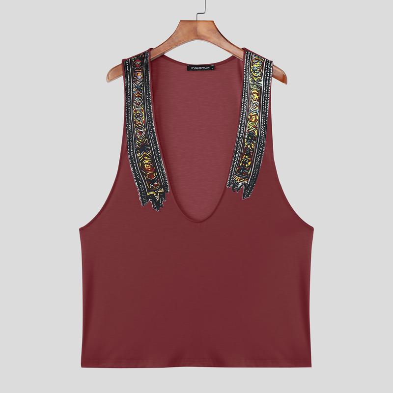 

INCERUN Летние мужские майки без рукавов с глубоким V-образным вырезом и принтом 5XL вино красного