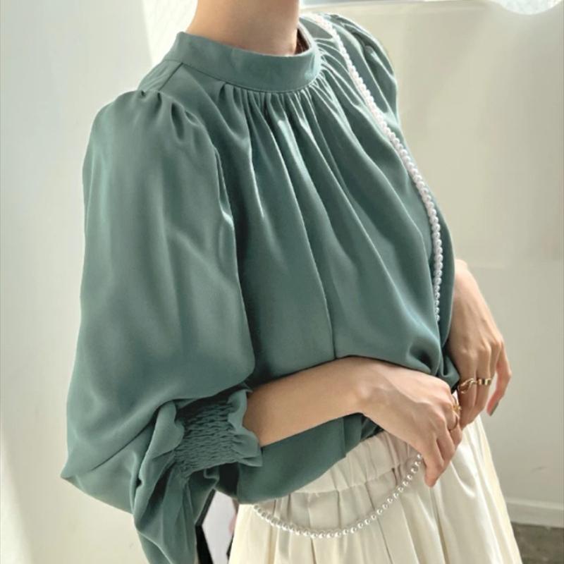 Spring New Vintage Loose Puff Sleeve Blouses Women Elegant Fashion Solid Casual Chiffon Shirt Women Simple Slim Pullover Blouse Woman Clothing 26567