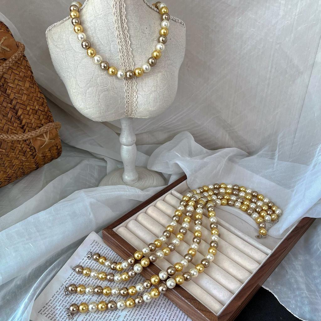 10Mm National Style Retro Maillard Color Strong Light Round Mixed Color Shijia Pearl Necklace Women'S Neck Chain Collarbone Chain Commuting