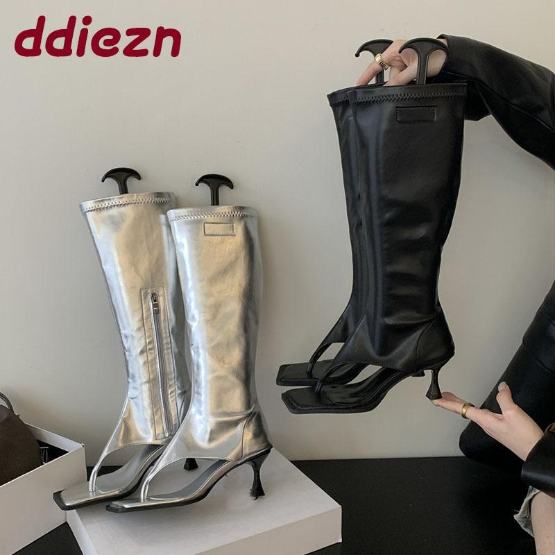 Fashion Silver Female Open Toe Women Knee High Boots Shoes With Thin Heels Footwear Fashion Zippers Ladies Heeled Sandals Boots Shoes