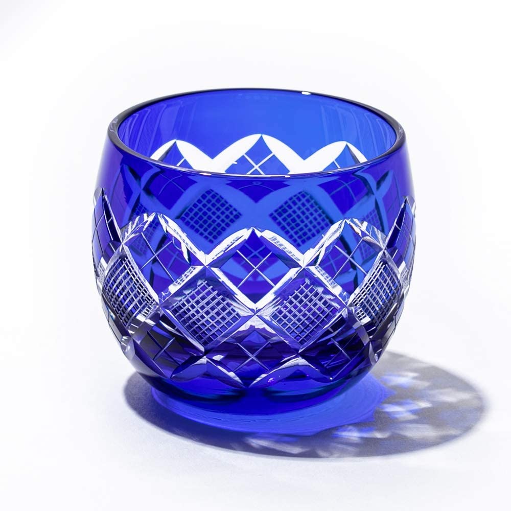 Official Direct Sales from Taiburo Edo Kiriko Crest Sake Cup Wooden Made In Japan Workshop Yarai-Nanko (Blue) TB90232B, Box,