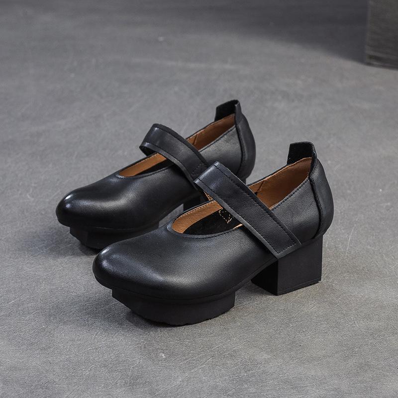 Johnature Allsidige pumps Ekte skinn Hæler Retro Rund tå Grunne Damesko