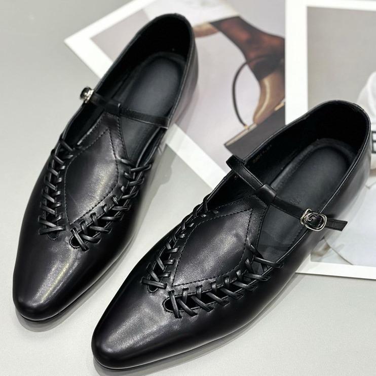 Sheepskin Version~ Silver Single Shoes Women's Summer Pointed Leather Woven Hollow Flat-bottomed Versatile Small Leather Shoes Mary Jane Shoes