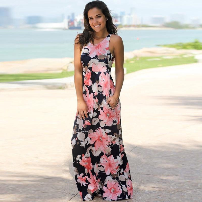 Elegantes Damen Sommer Boho Kleid Floral Ärmellos Strand Maxi Lang Sommerkleid Für Jeden Anlass