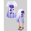 Women's Butterfly Flower Print Two-Piece Set Short-Sleeved Shirt And Tights Spring Summer European American Style Outfit