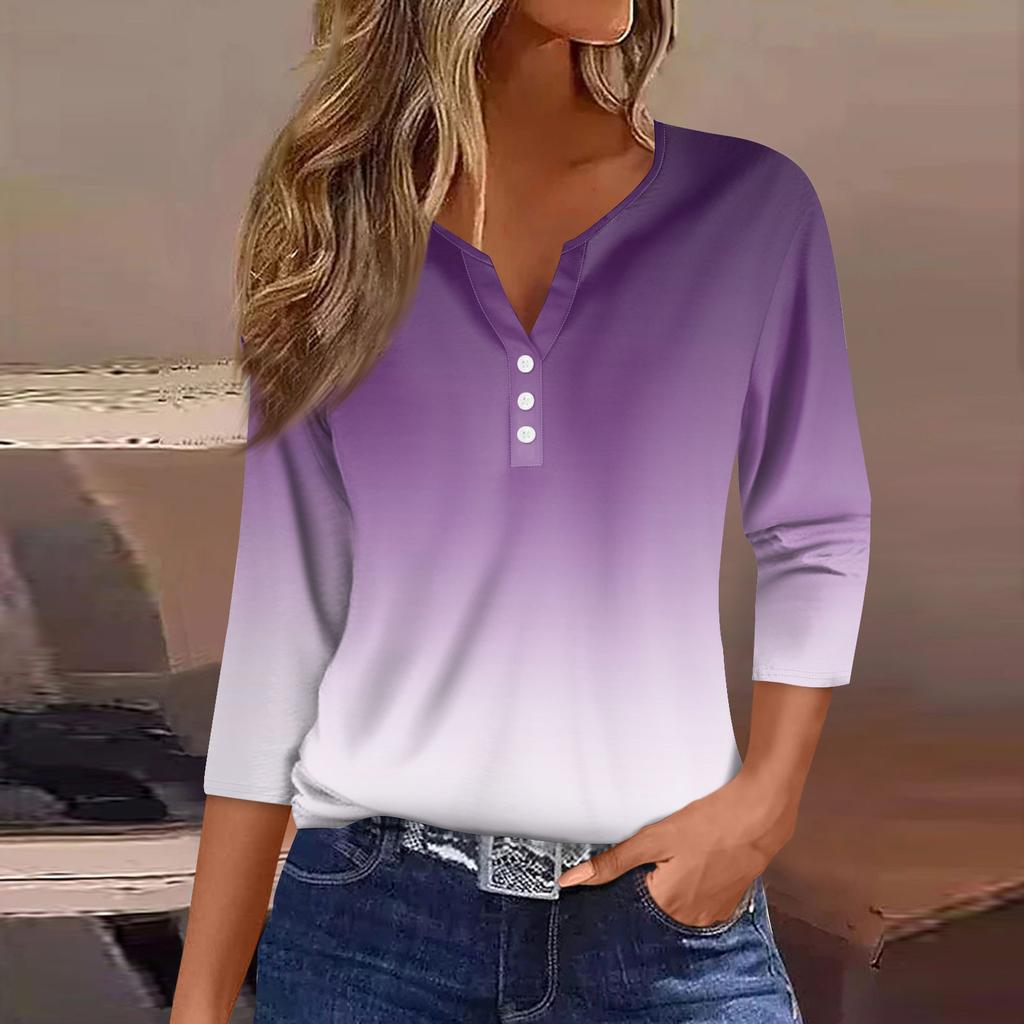 Women's Fashion Casual Printed V-Neck Seven Sleeve Button Down T-Shirt Top