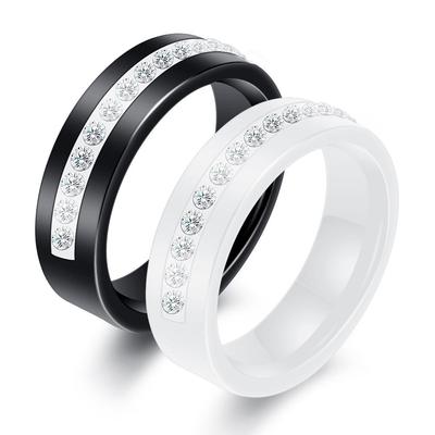 Europäisch Amerikanischer Keramikring: Schwarz & Weiß 6MM Diamantbesetztes Töpferware für Studenten