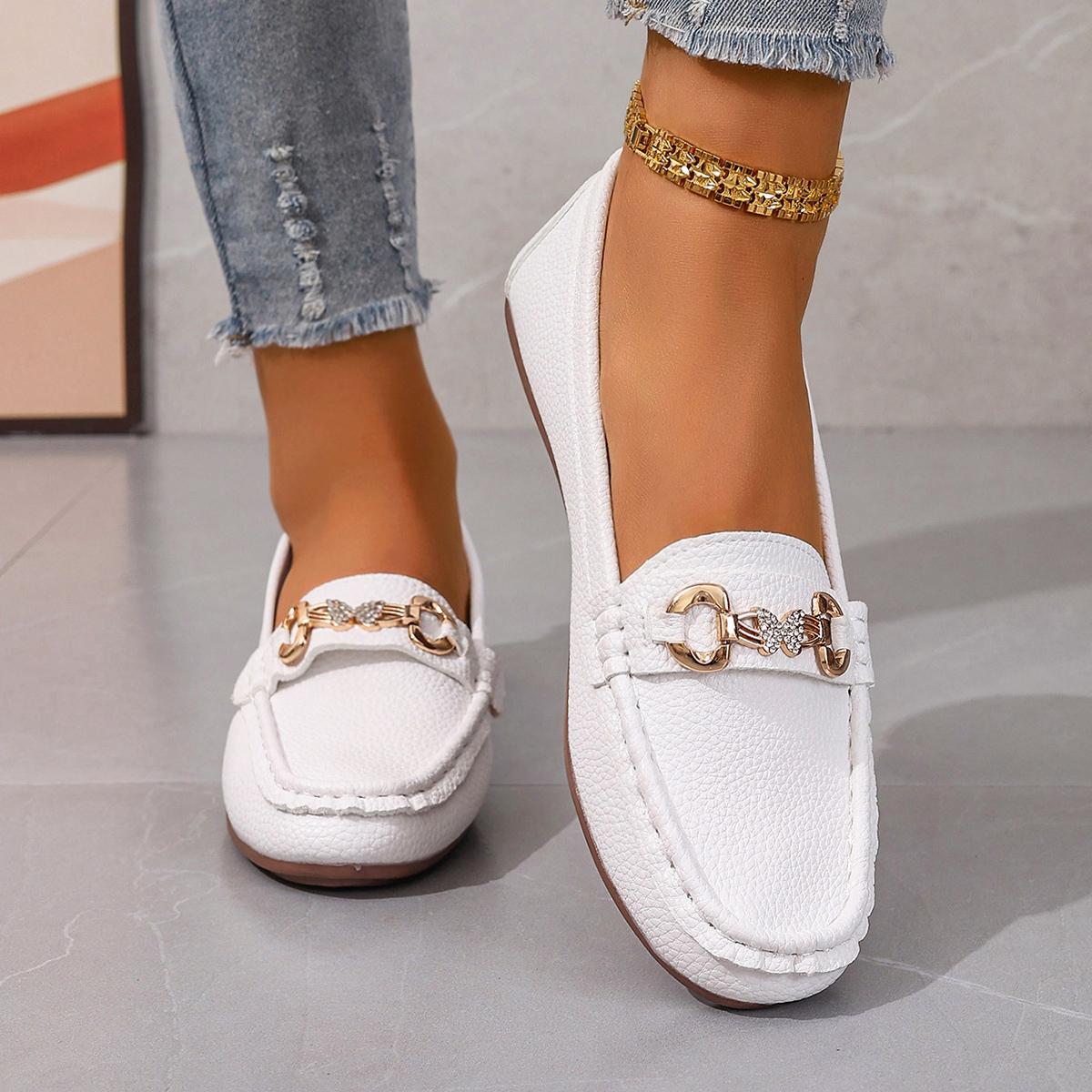 

Spring Autumn New Bean Shoes Female Women Round Head Low Heel Knot Chain Casual Footwear Mother Shoes Lady Loafer 43 білий
