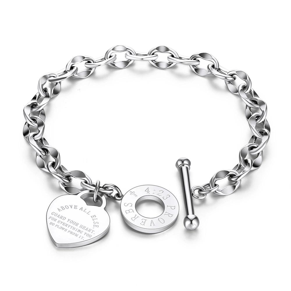 China Factory 316l Stainless Steel Jewelry Rose Gold Heart Shape Bracelets for Women the Holy Bible Proverbs
