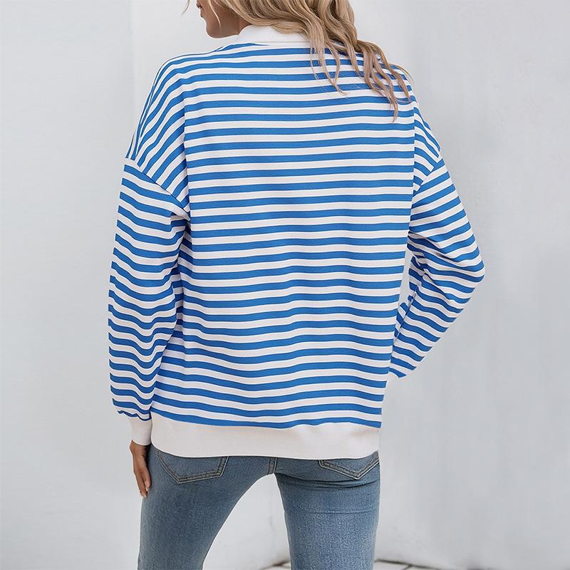 Autumn Long-sleeved Striped Loose T-shirt Casual Polo Collar Zipper Pullover Sweatshirt