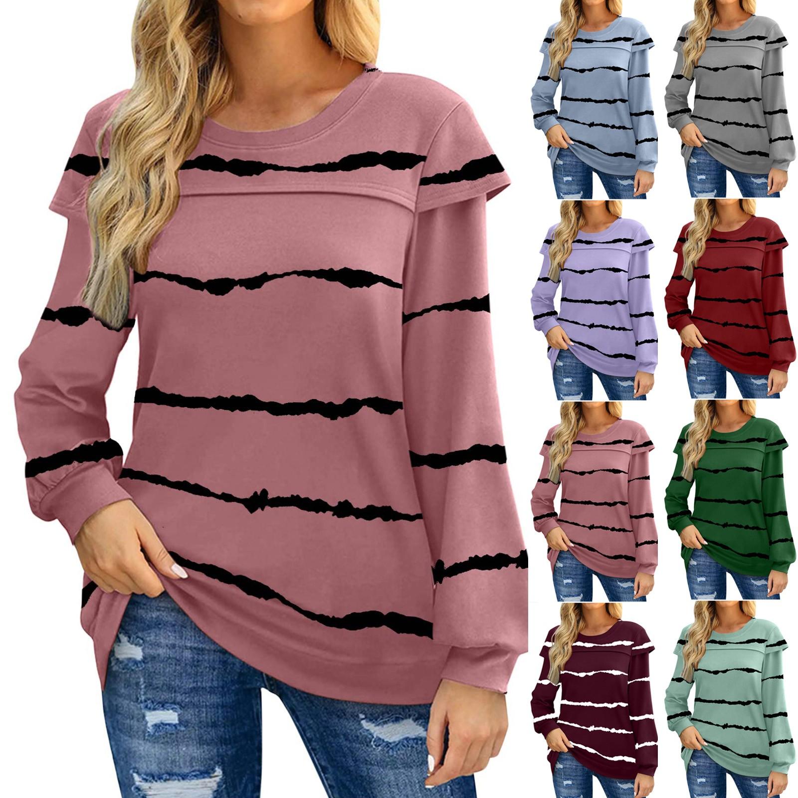 

Women s Casual Patchwork Stripe Print Long Sleeve Round Neck Pullover Loose Top