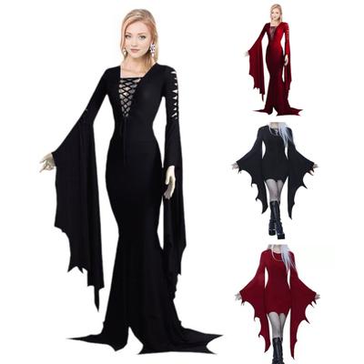 Women Halloween Dress Lace-up Slim Fit Irregular Ruffle Cuff Bell Sleeves Hollow