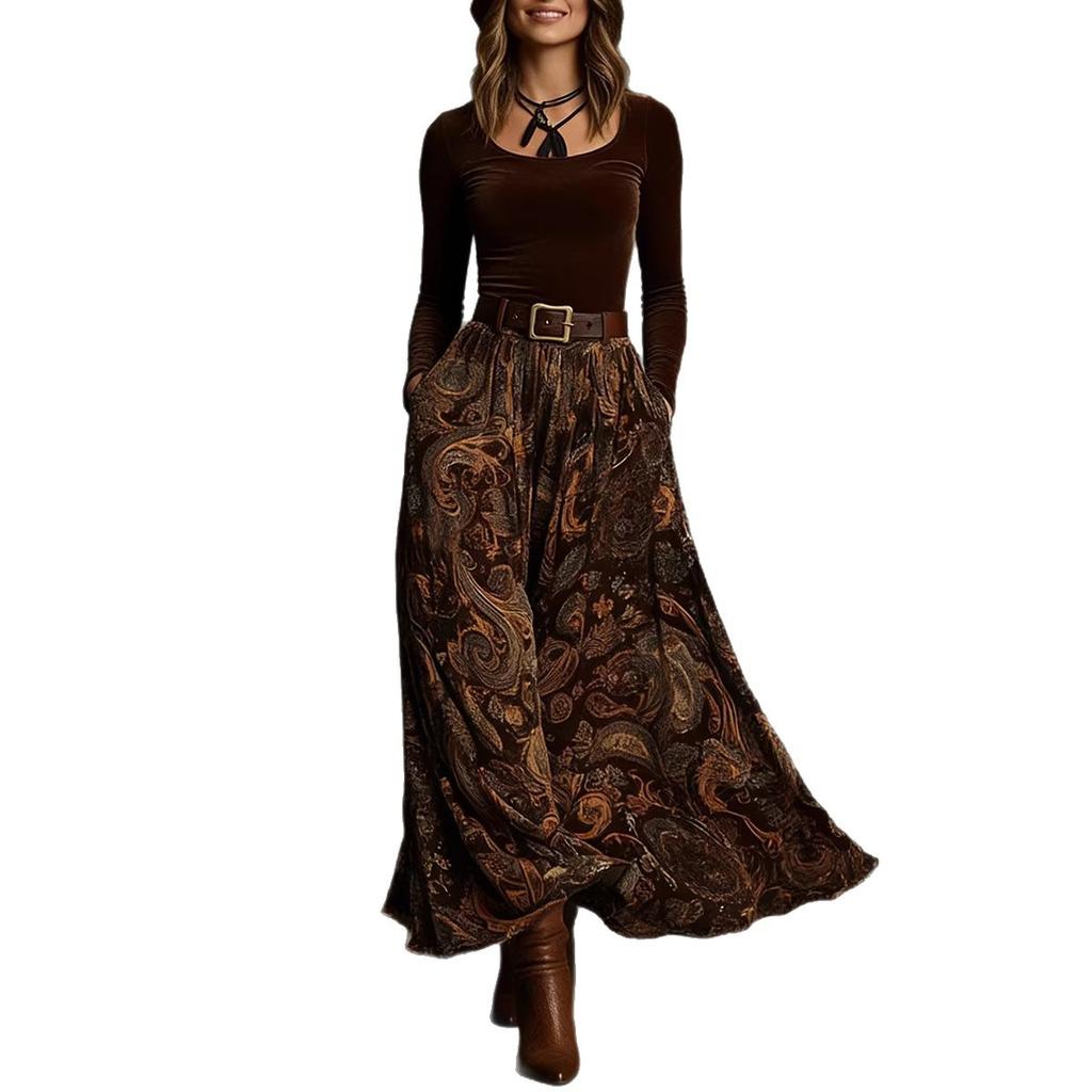 1116 European and American autumn new slim-fit top temperament big pendulum retro printed dress set with belt