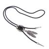 Black PU Leather Western Rodeo Bolo Tie Bola Necklace Antique Brass