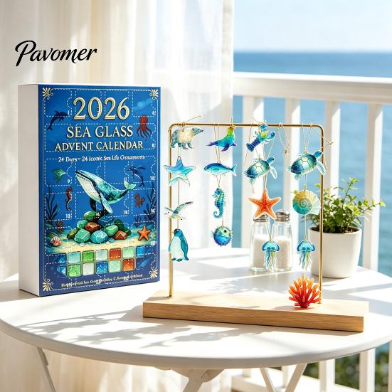 Christmas Countdown Calendar Sea Life Advent 2026, 2D Box with Blue Ocean Color Scheme Animal Acrylic Pendants, Festive Tree Hanging Decor,