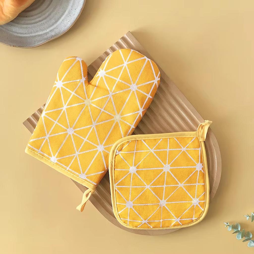 Cotton Linen Oven Mitts and Pot Holders 2PCS Set, Heat Resistant Kitchen Gloves for Microwave Oven Baking