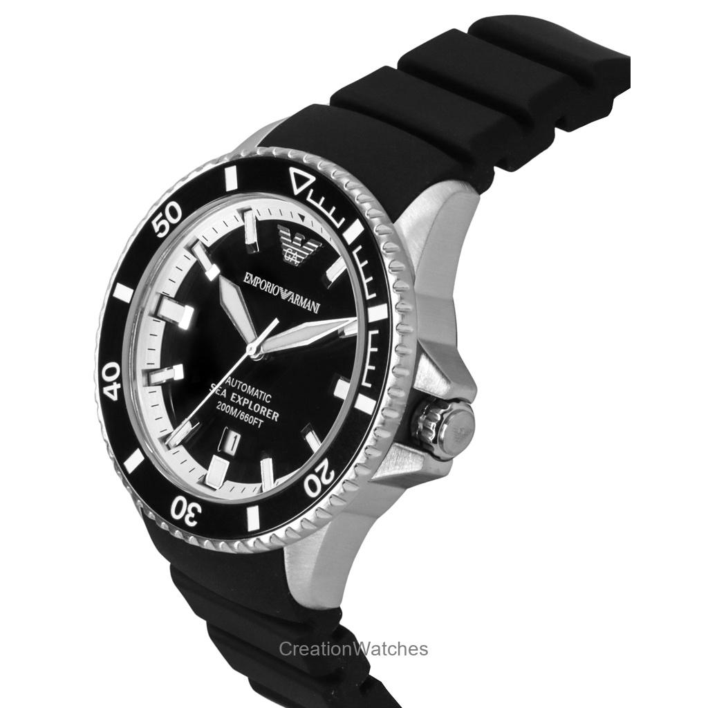 Emporio Armani Sea Explorer Pasek Silikonowy Czarna Tarcza Automatyczny Zegarek Nurkowy AR60078 200M Zegarek Męski