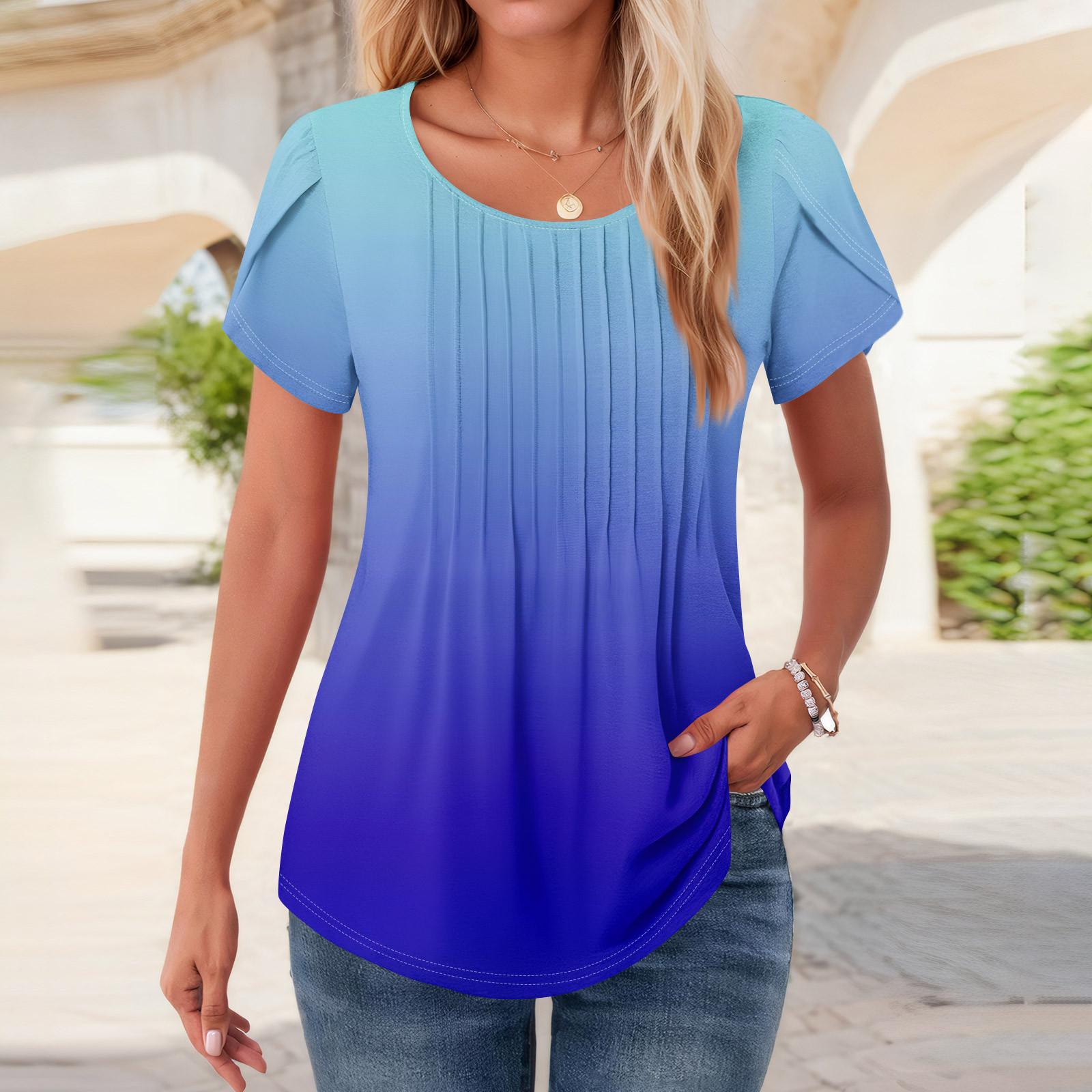 

Женские топы с коротким рукавом и круглым вырезом, летние рубашки с цветочным принтом, блузки для женщин, нарядные повседневные L синий