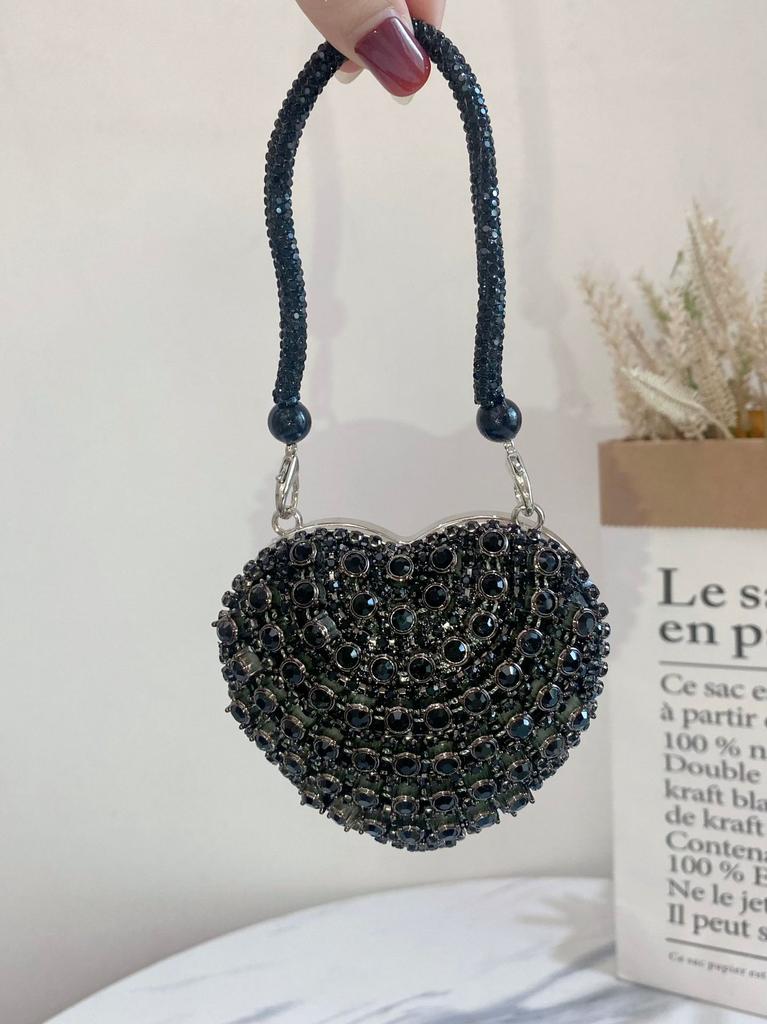 Small Heart-Shaped Rhinestones Evening Bag with Chain for Women Handbag Rhinestones Clutch Purse Crossbody Shoulder Bags