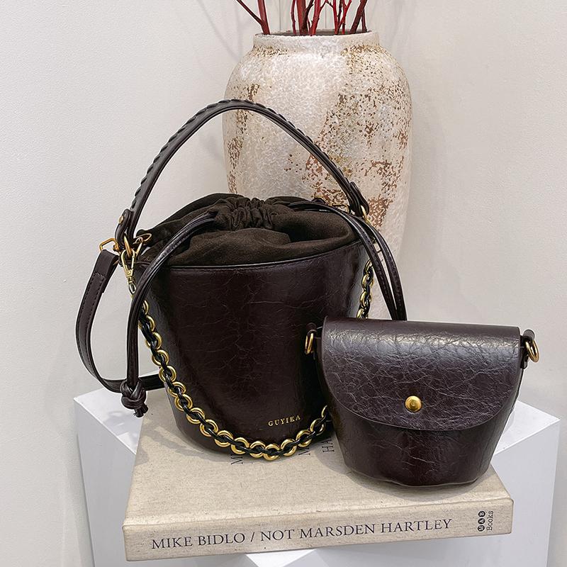 

Ретро-сумки-ведра через плечо для женщин из вощеной кожи 2-в-1 с цепочкой на плече Роскошные дизайнерские кошельки и сумки