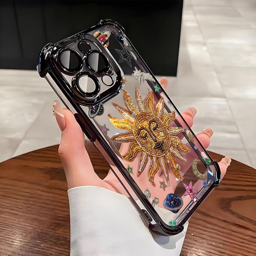 Retro Sun Star Pattern Electroplate AntiDrop Phone Case For iPhone 16 Pro Max 15 14 Plus 13 12 11 17 Air 16E Transparent Cover