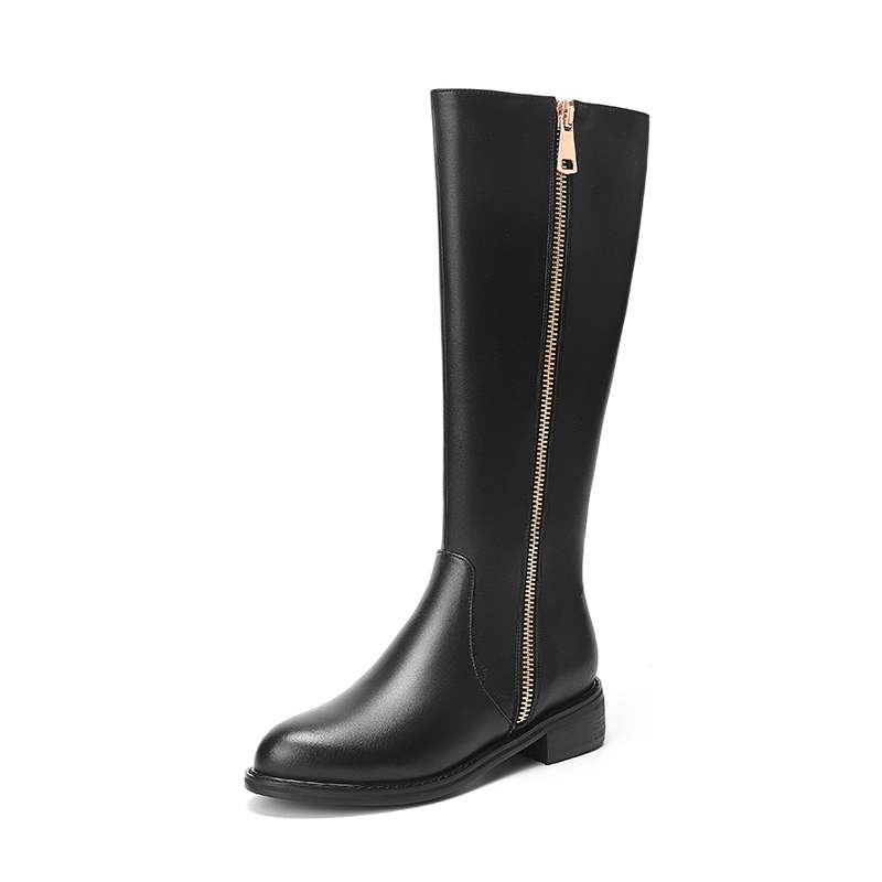 Krazing Pot Cow Leather Autumn Winter Shoes Thick Med Heels Big Size 45 Size 44 Zipper Decoration Concise Style Women Keep Warm Knee Boots