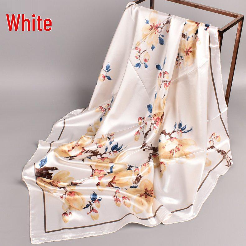 

Японский и корейский шелковый платок с принтом «Цветы персика», большой квадратный 90cm x 90cm белый