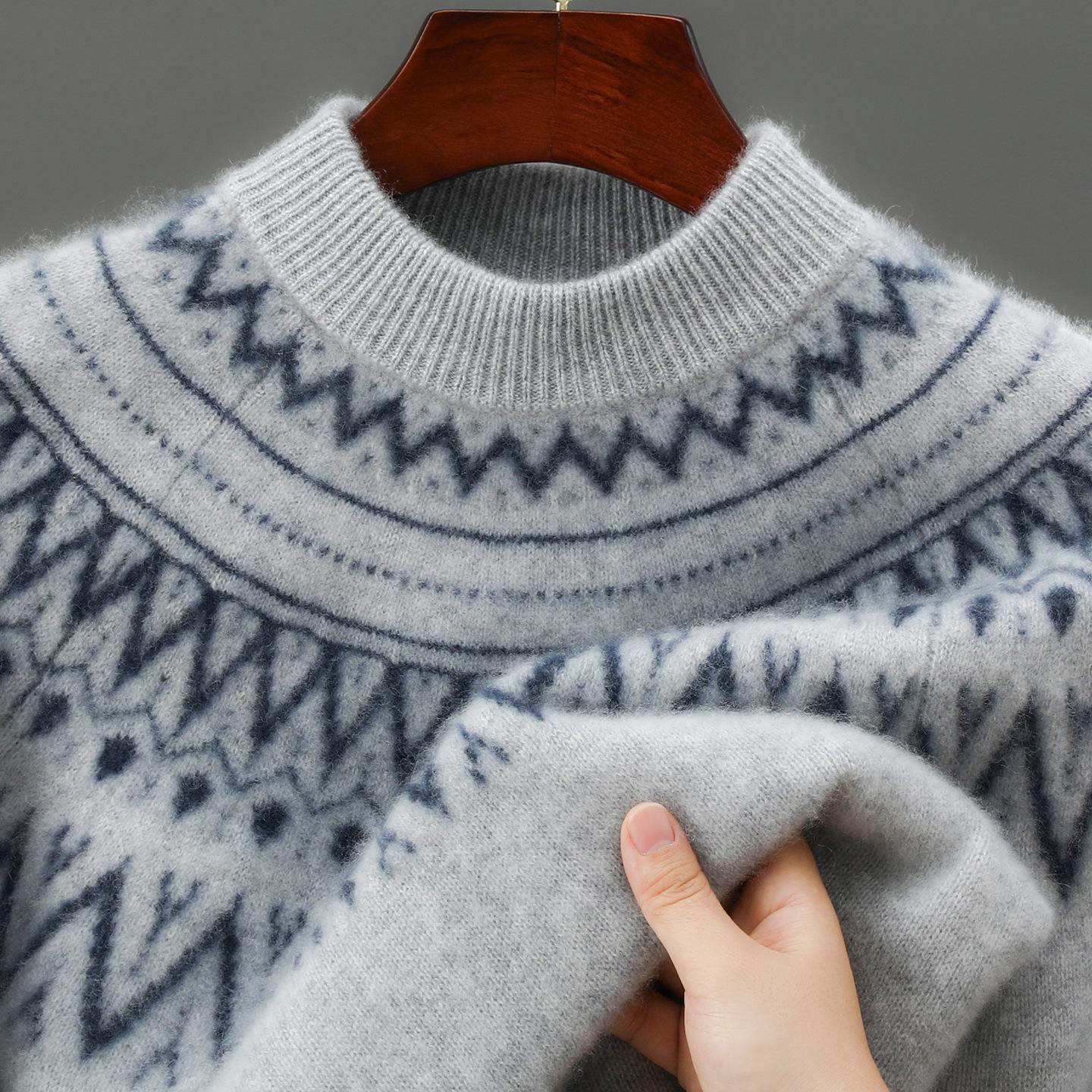 Fair Isle Men s Thick Knit Jacquard Wool Sweater, Half-High Collar, Trendy Loose-Fit, Plus Size Available L