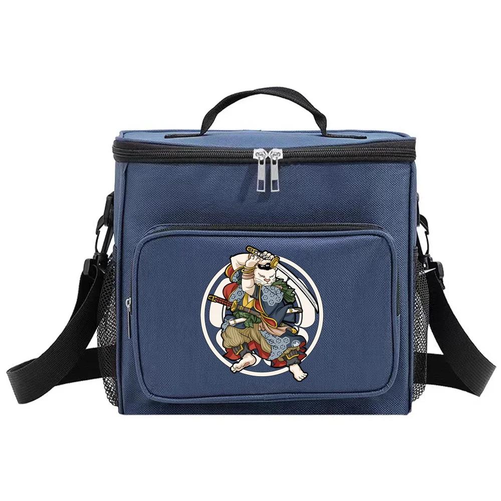 Student LunchBox Portable Cooler Shoulder Lunch Bags Thermal Organizer Handbag Outdoor Camping Storage Boxes Samurai Pattern