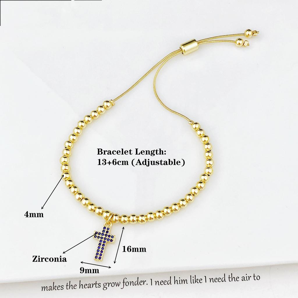 Classic Full Zirconia Cross Pendant Copper Bead Chain Adjustable Bracelet Fashion for Men Women Party Religious Jewelry Gift