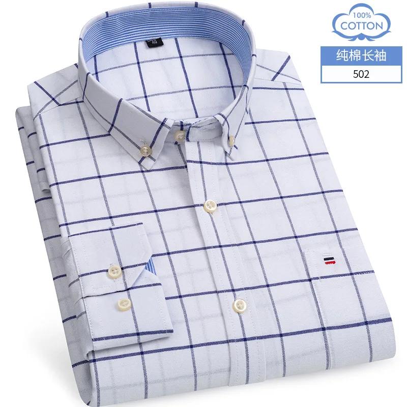 100% Cotton Oxford White Casual Shirts for Men Long Sleeve Buttons Plaid Shirt Striped Pocket Men Shirts Plus Size 7XL Camisas