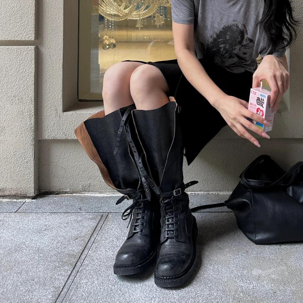 Cowhide Version~ Genuine Leather Thick-soled Martin Boots Women's Tall Thick-heeled Knight Boots Fat Mm Large Tube Circumference Boots