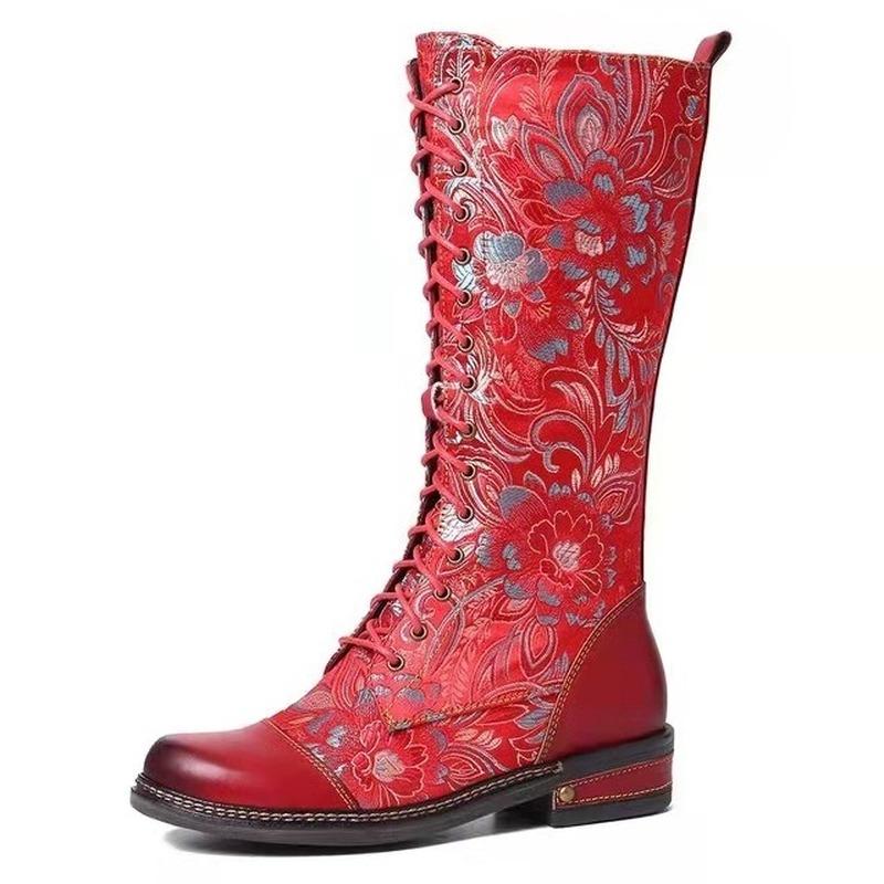 Fashion Women 'S Knee High Boots Soft Microfiber Leather Print Ladies Shoes Retro Style Platform Low Heel Woman Knight Long Boots