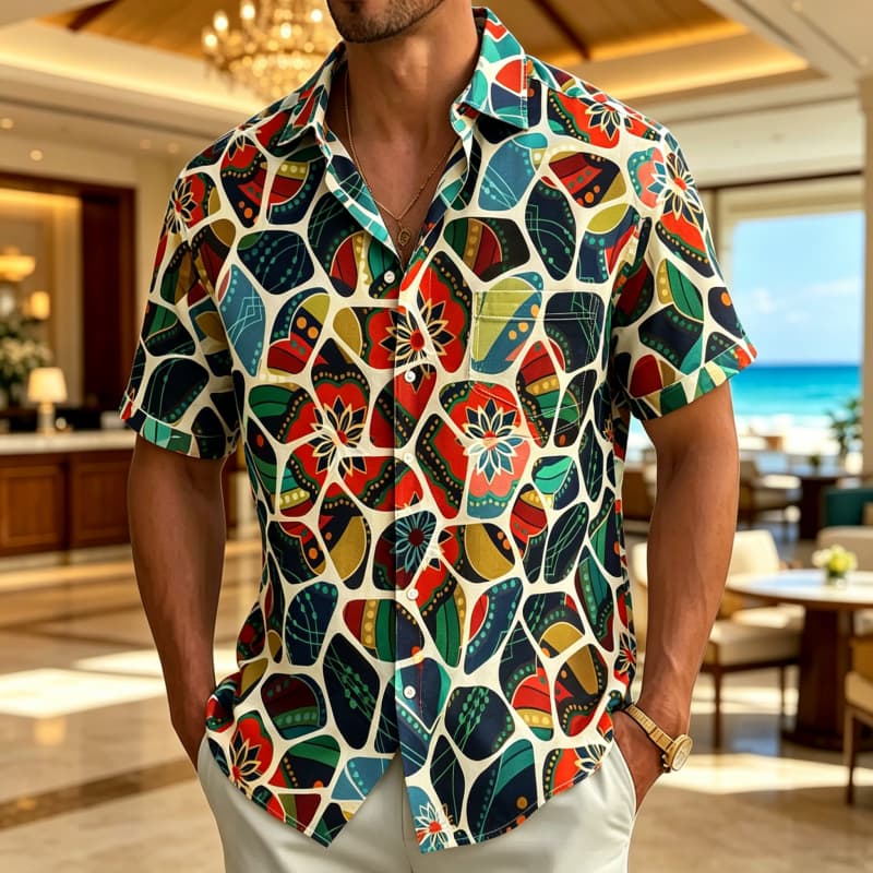 Men's Tribal Style Printed Vacation Shirt, Short Sleeved Shirt With Pockets, Suitable For Vacation Wear And Retro Ethnic Style