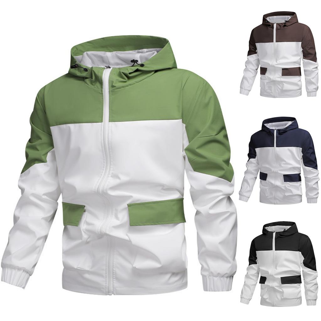 Herren- und Damen-Kapuzenjacken, Workwear-Farbblockmäntel, Herren Sportlich Lässig Leichte Lockere Winddichte Reißverschlussmäntel